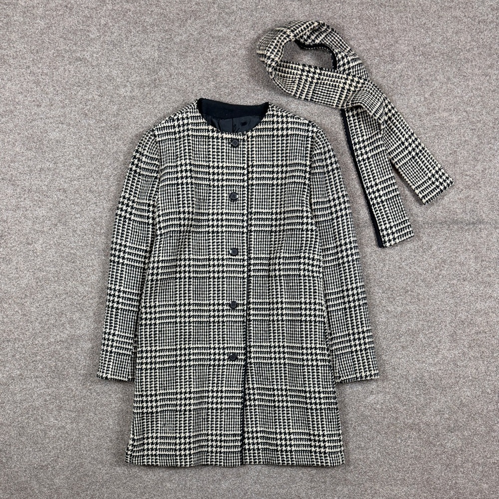 Vintage Glen Plaid Wool Coat Women’s L/Xl Button Front Mid-Length Matching Scarf